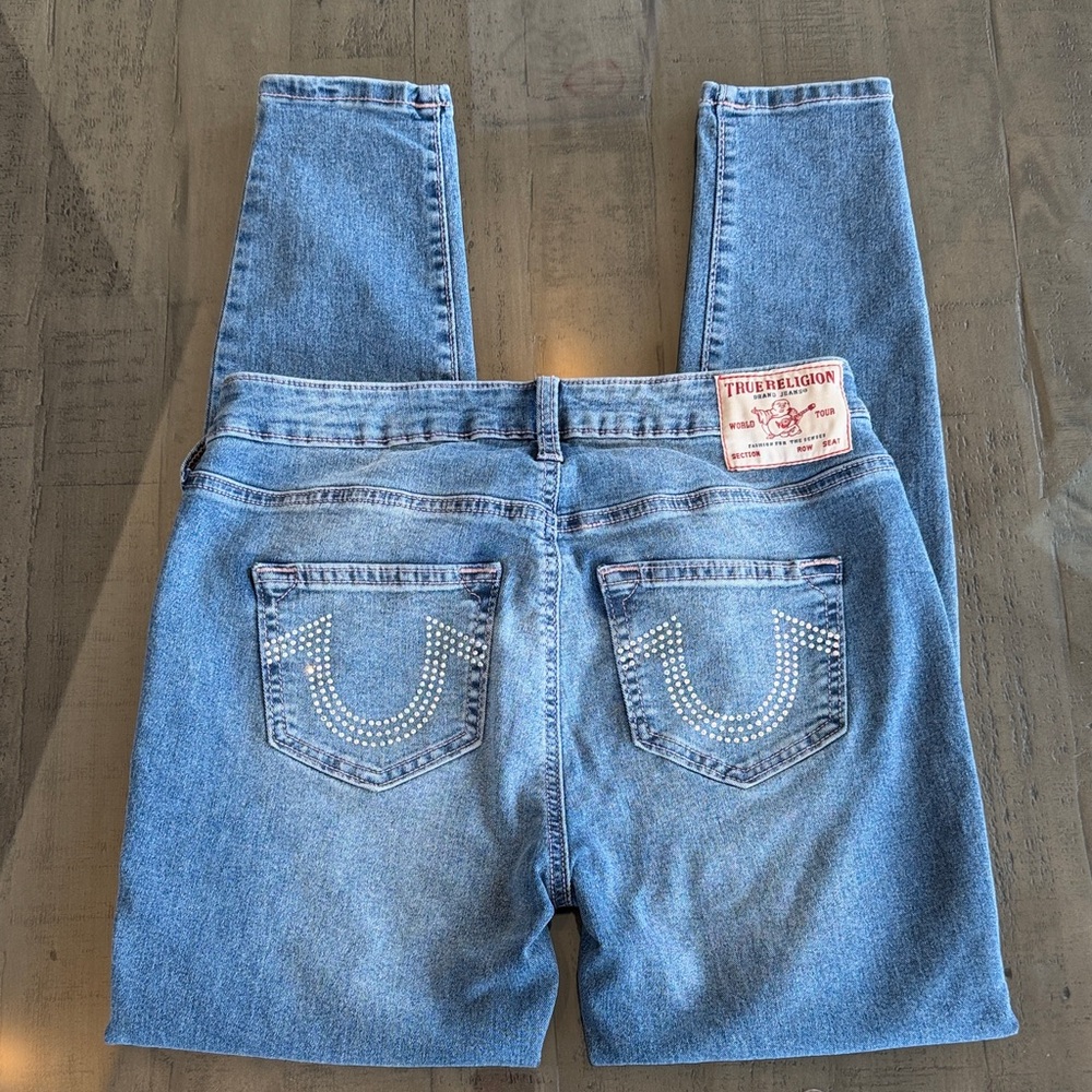 True Religion Women's Light Blue Skinny Jeans. Rhinestone Pocket Detail. Size 27 - Picture 2 of 8